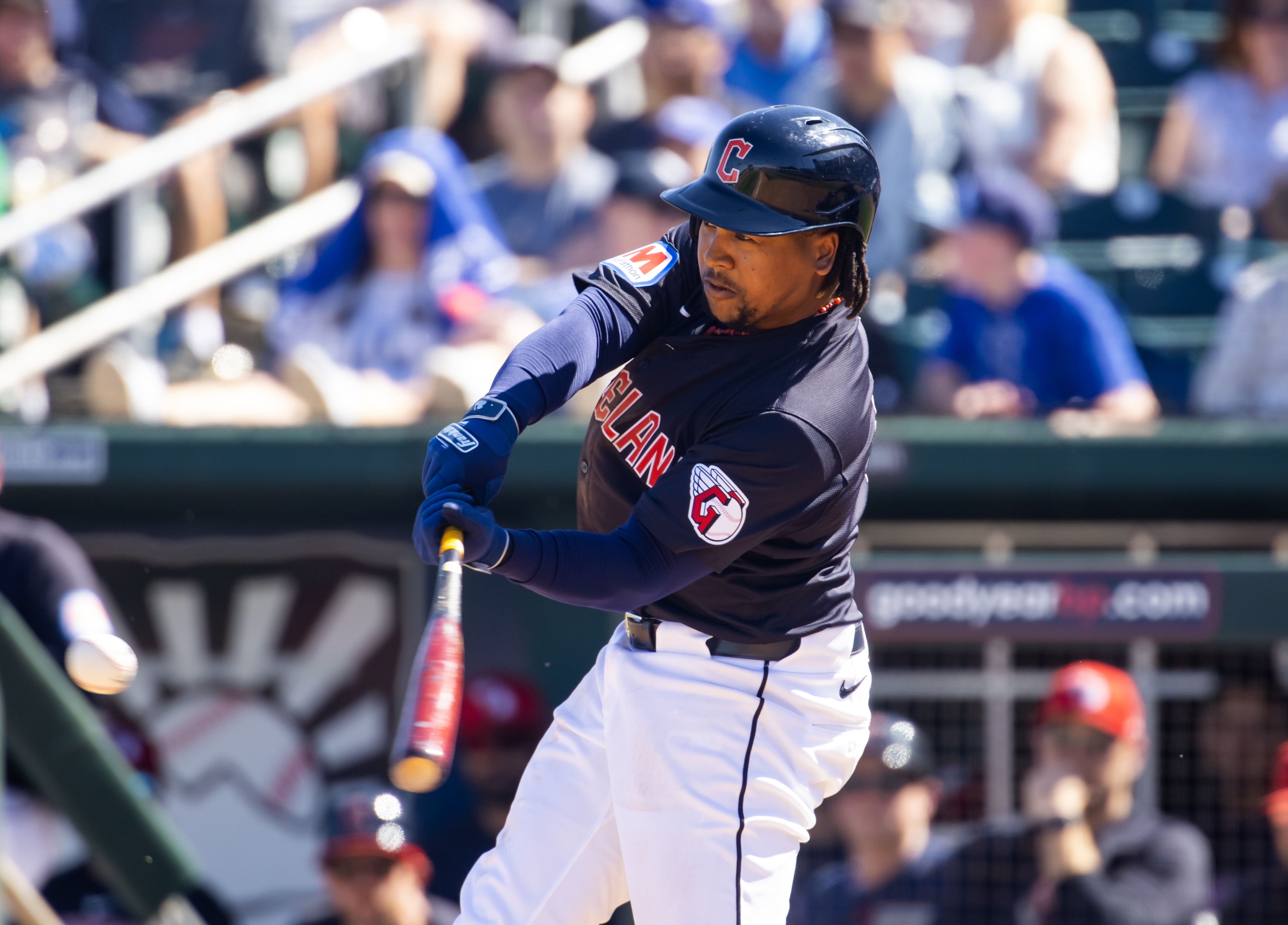 Mar 11, 2024; Goodyear, Arizona, USA; Cleveland Guardians infielder Jose Ramirez against the Los Angeles Dodgers during a spring training game at Goodyear Ballpark.